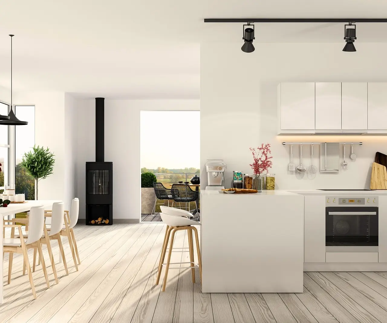 Sådan skaber du zoner i et langt køkken-alrum